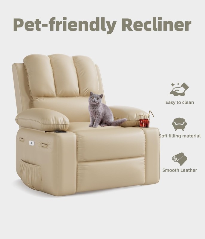 22" Medium-Seat Power Recliner Chair Leather Swivel Massage Heat USB Pockets gallery