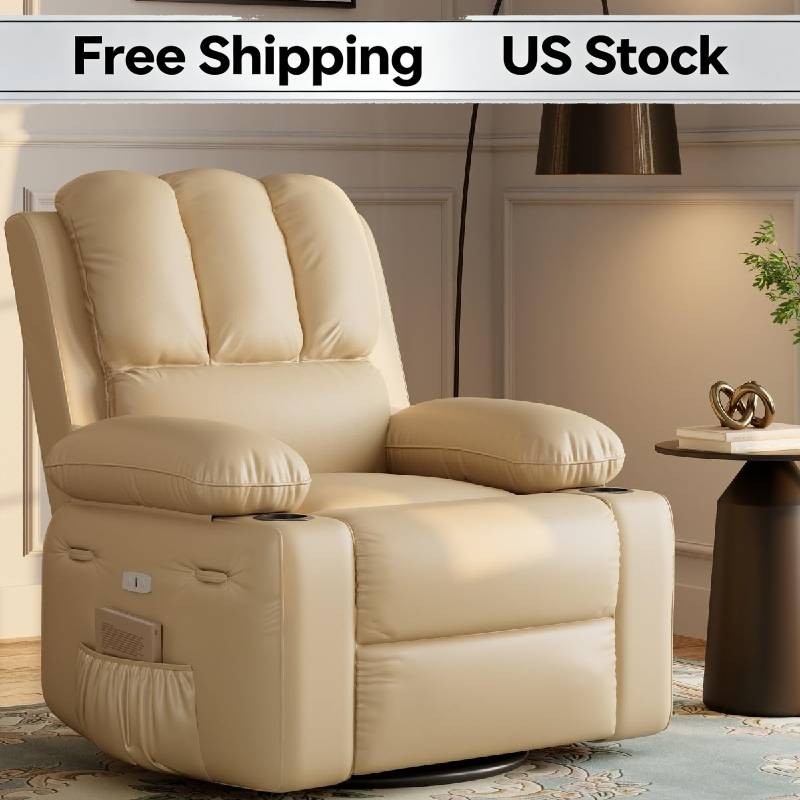 22″ Medium-Seat Power Recliner Chair Leather Swivel Massage Heat USB Pockets