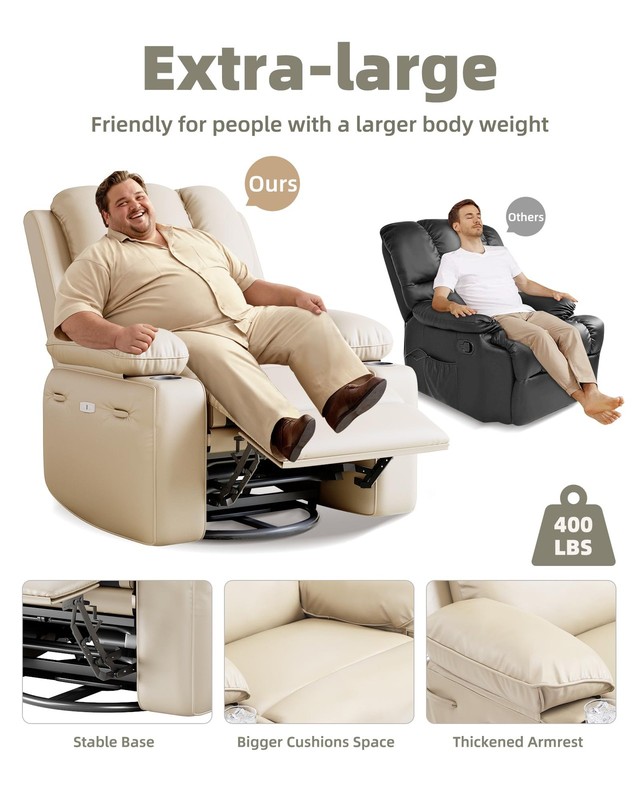 22" Medium-Seat Power Recliner Chair Leather Swivel Massage Heat USB Pockets gallery