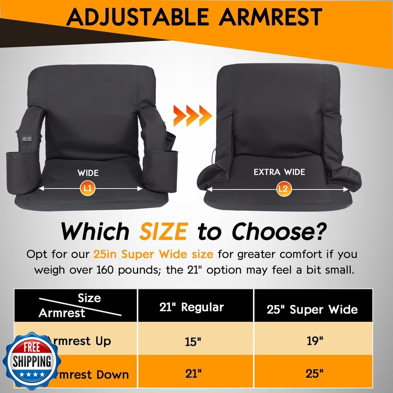 CAMULAND Heated Massage Stadium Seat with Back Support – Reclining, Foldable ...