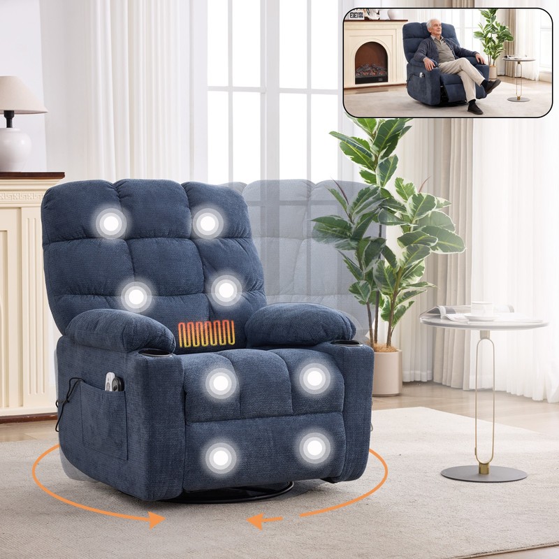 Electric Recliner Chair with Massage, Heat, Rocker & Swivel, Blue