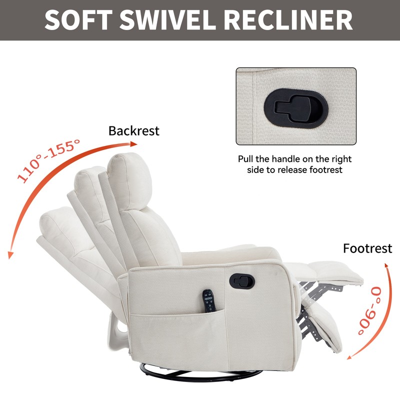 Beige Fabric Recliner Chair with Massage, Heat, Swivel & Rocker gallery