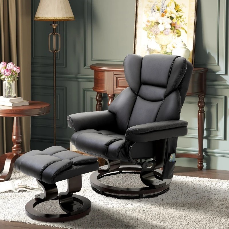 Black Faux Leather Remote Control Massage Recliner Chair with Ottoman gallery