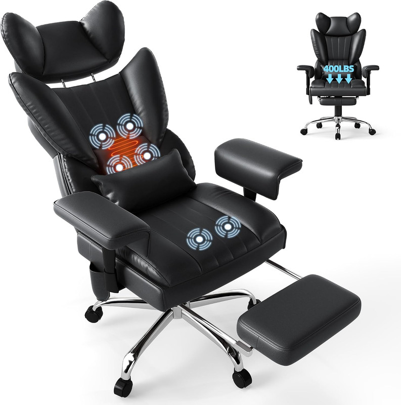 6 Points Massage Heated Home Office Chair with Foot Rest, Black | 400LBS Executi