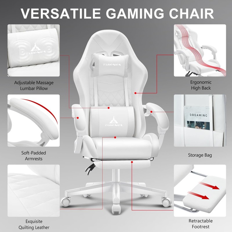 White Gaming Chair,Ergonomic Massage Computer Office Desk Chair with Footrest... gallery