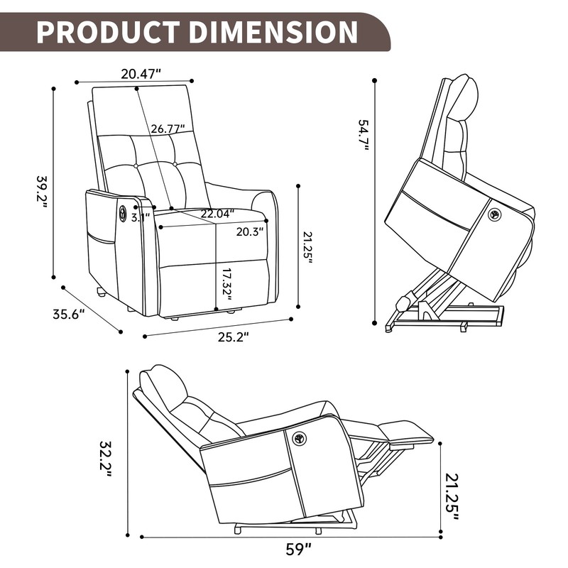 Brown Power Lift Recliner Chair with Massage, Heat & USB, 155° Max Recline gallery