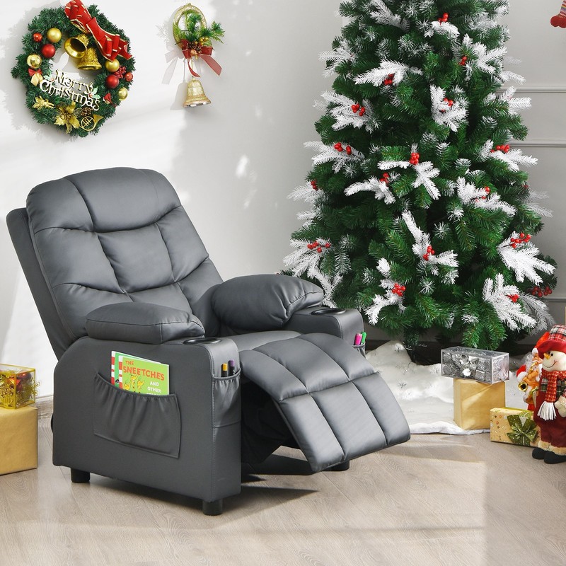 Costway Kids Youth Recliner Chair PU Leather w/Cup Holders & Side Pockets Grey gallery