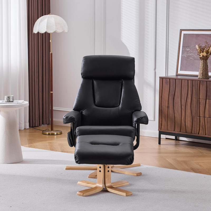 Heated Massage Accent Chair with Ottoman, 360° Swivel, PU Leather, Black gallery