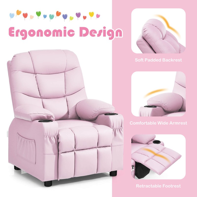 Honeyjoy Kids Youth Recliner Chair PU Leather w/Cup Holders & Side Pockets Pink gallery