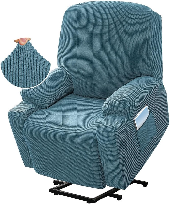 High Stretch Recliner Slipcover with Side Pocket Electric Power Lift Storm Blue