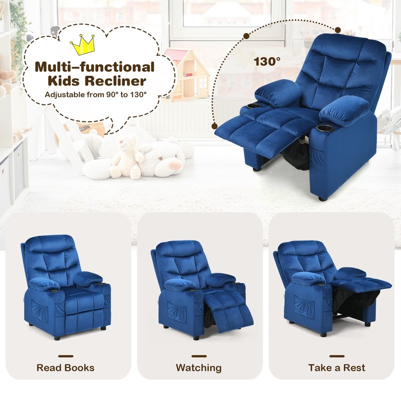 Honeyjoy Kids Youth Recliner Chair Velvet Fabric w/Cup Holder & Side Pocket Blue gallery