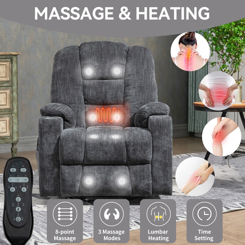 Power Lift Recliner Chair with Massage and Heat for Elderly, 2 Cup Holders, Gray gallery