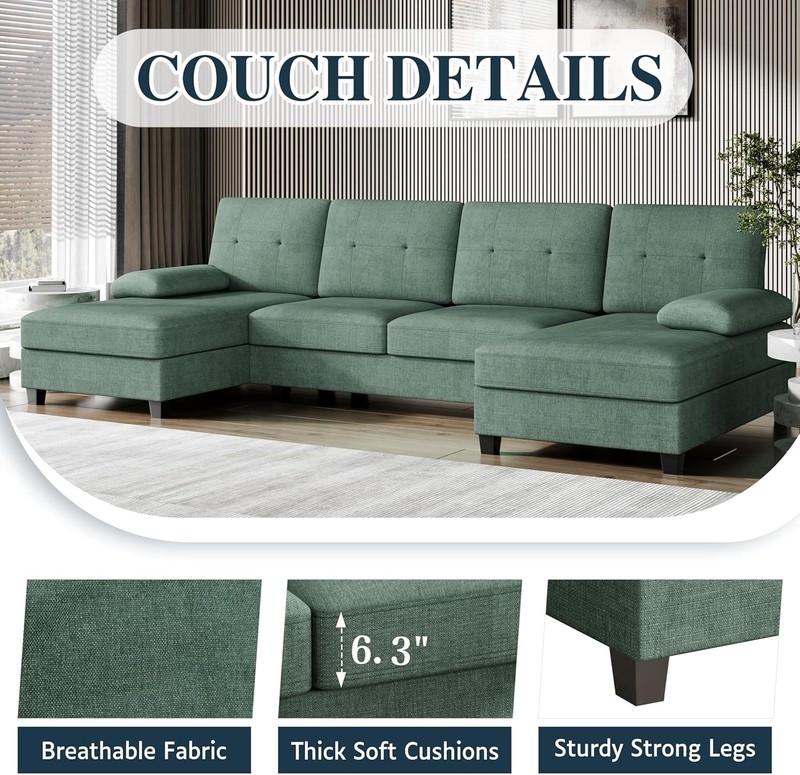 U-Shaped Sectional Couches for Living Room, 4 Seat Sofa with 105 Inch, Green gallery