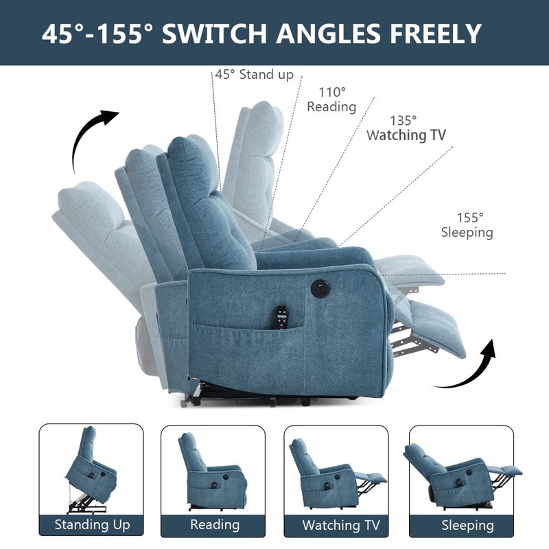 Blue Chenille Single Motor Lift Recliner | Massage, Heat, USB, 155° Max Recline gallery