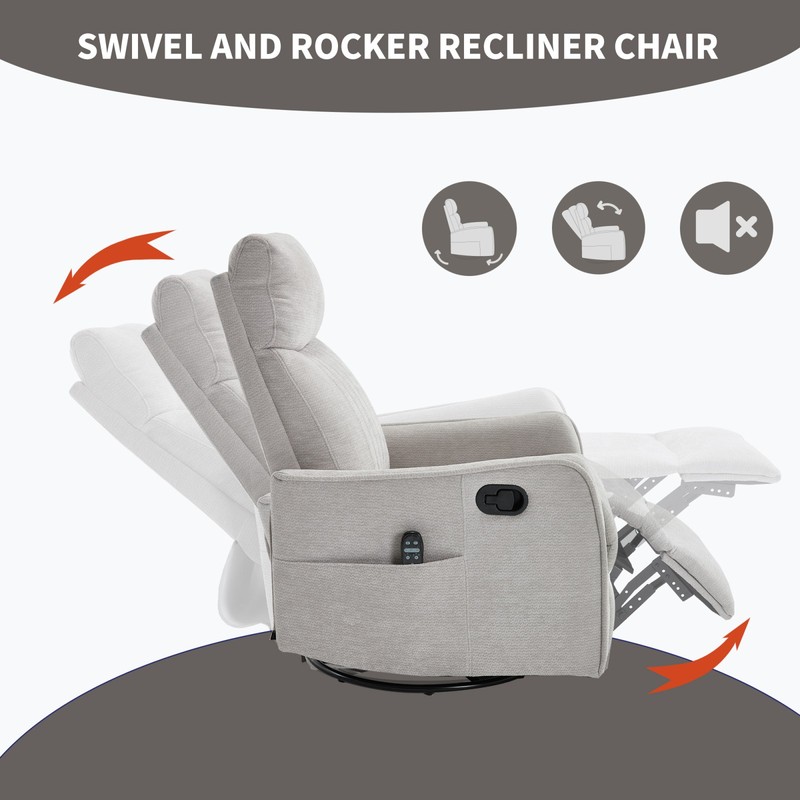 Light Gray Manual Recliner Chair with Massage, Heat, Swivel & Rocker gallery