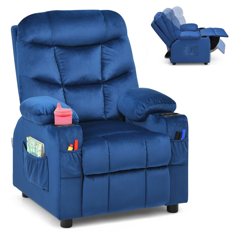 Honeyjoy Kids Youth Recliner Chair Velvet Fabric w/Cup Holder & Side Pocket Blue