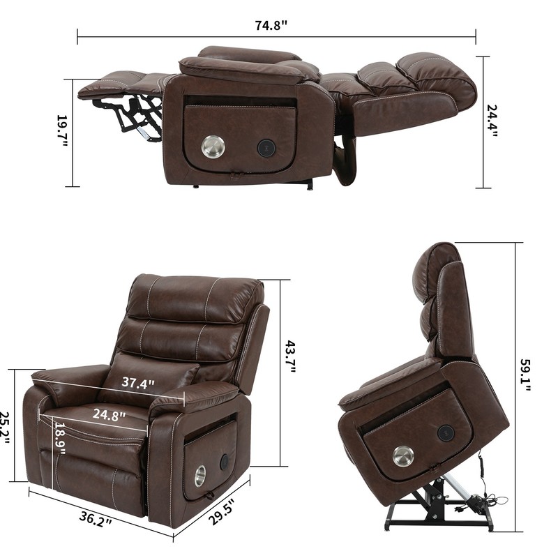 Power Lift Recliner w/Massage Heating, Brown Leather Lounge Sofa for Elderly 180 gallery