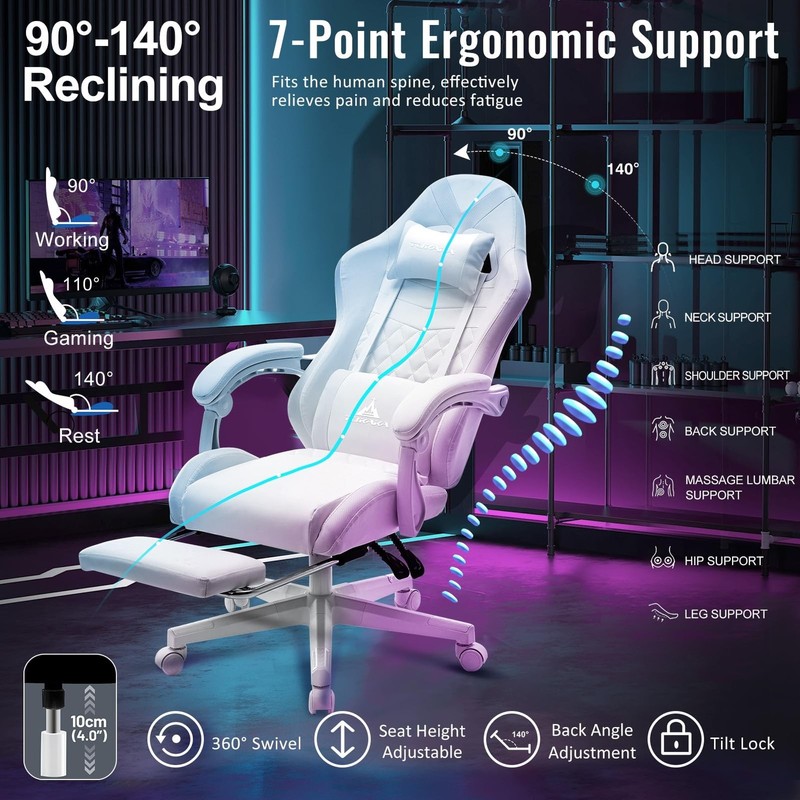White Gaming Chair,Ergonomic Massage Computer Office Desk Chair with Footrest... gallery