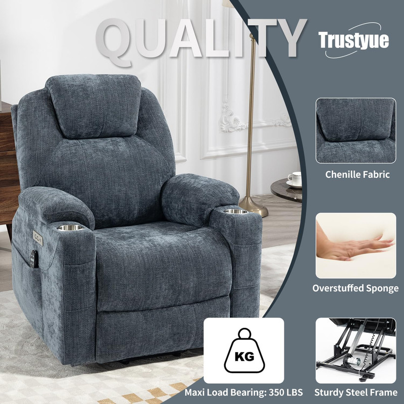 Electric Recliner Lift Chair with Massage, Heat, USB, & Cup Holders - Blue gallery