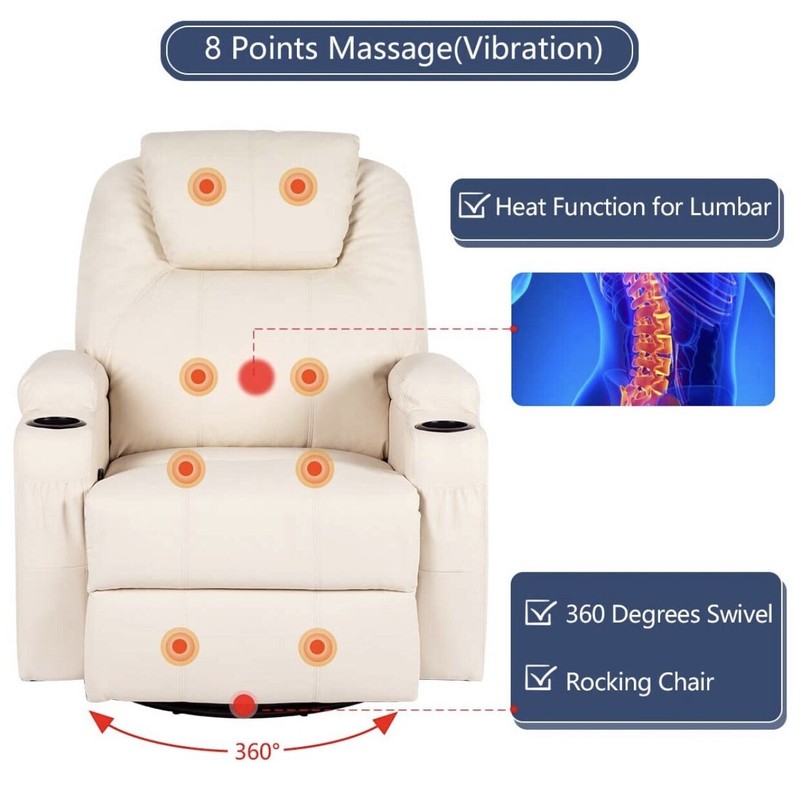 Cream Massage Recliner Chair Heated PU Leather Ergonomic Lounge 360 Degree Swi gallery
