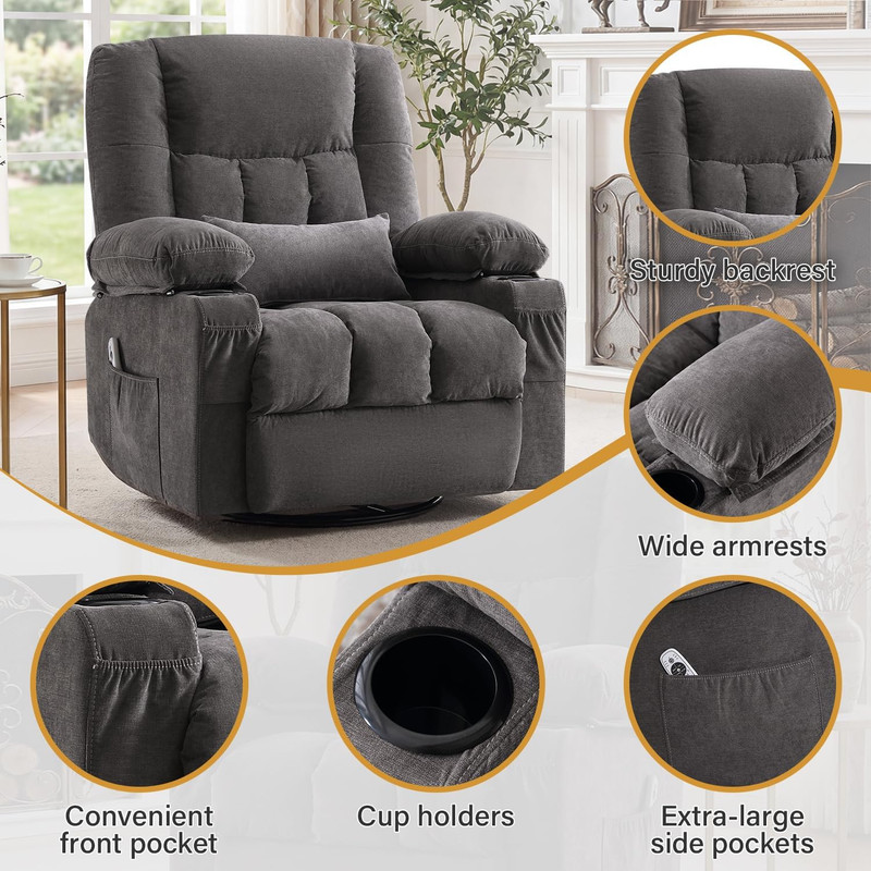 Swivel Rocker Recliner Chair with Vibration Massage and Heating Functions for Ad gallery