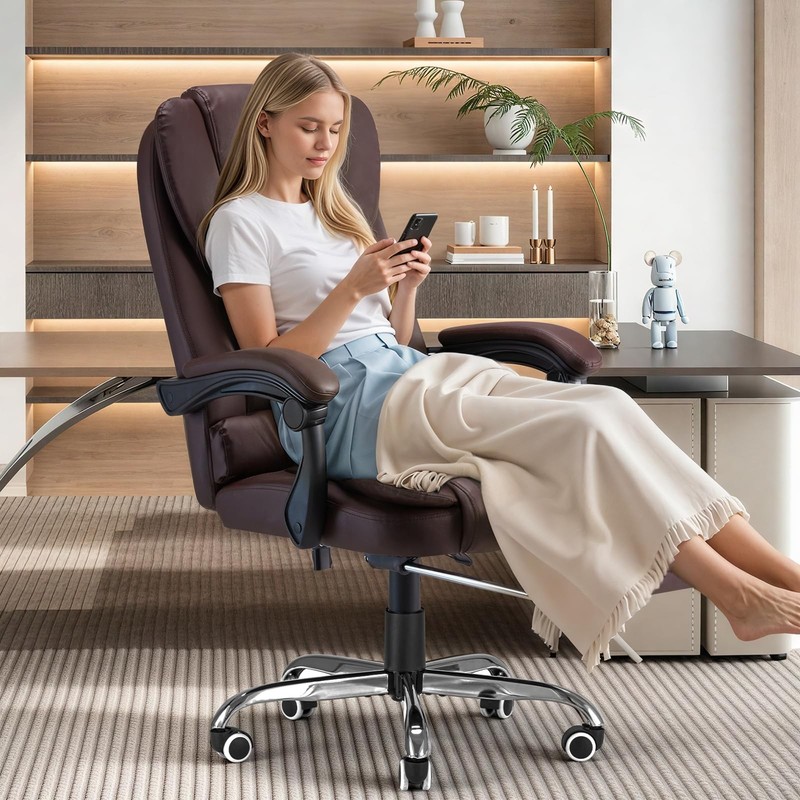Executive Massage Office Chair with Heat, Reclining Footrest, Brown Leather gallery