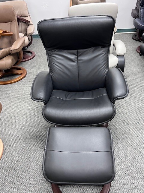 Fjords Senator Large Recliner Chair + Ottoman R Frame, Black Leather