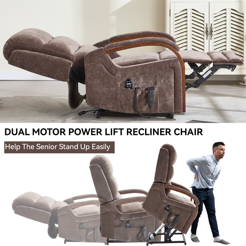 Power Lift Recliner Chair Dual Motor Heat Massage Brown Chenille 350 lbs gallery