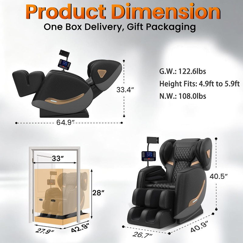 Zero Gravity Full Body Massage Chair with Heat, Bluetooth & Touch Screen - Black gallery