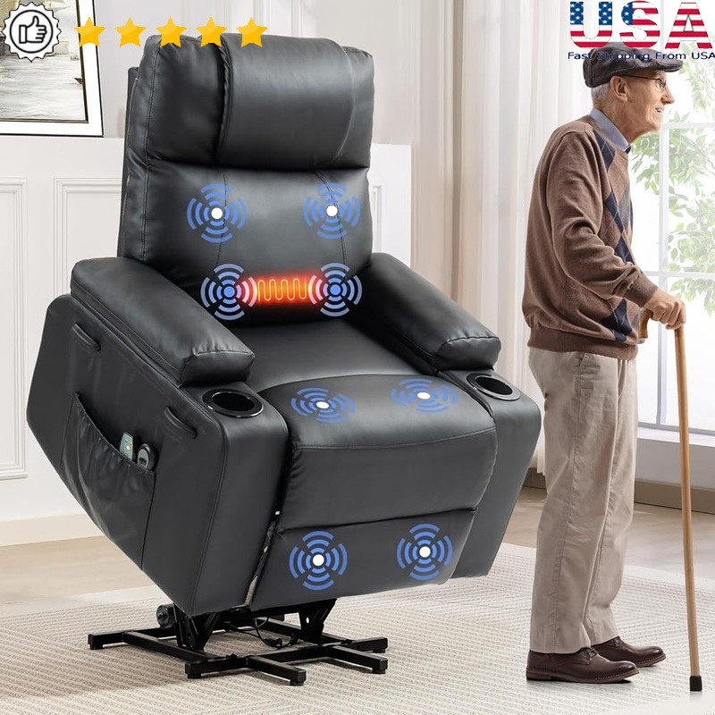 Power Lift Recliner Chair Seniors W/ 8-Point Massage Lumbar Heat Cup Holder New
