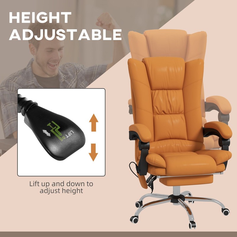 Massage Office Chair PU Leather Reclining Adjustable Swivel Wheels Light Brown gallery