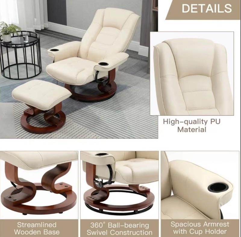Beige Faux Leather Heated Massage Recliner Chair with Ottoman, 360° Swivel gallery