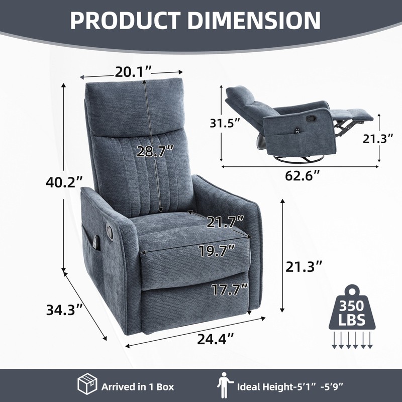 Blue Fabric Recliner Chair with Massage, Heat, Swivel & Rocker gallery