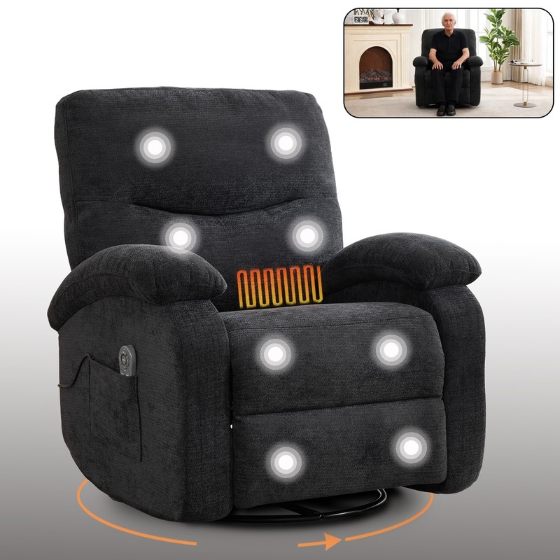 Hot Massage Swivel Rocker Recliner Chair, 8-Node Vibration, Lumbar Heat, Black gallery