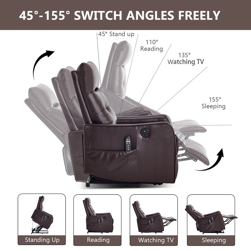Brown Power Lift Recliner Chair with Massage, Heat & USB, 155° Max Recline gallery