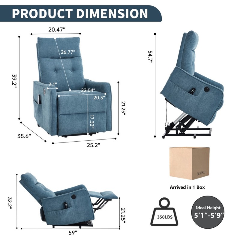Blue Chenille Single Motor Lift Recliner | Massage, Heat, USB, 155° Max Recline gallery