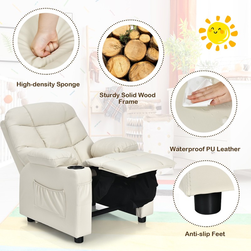 Costway Kids Youth Recliner Chair PU Leather w/Cup Holders & Side Pockets Beige gallery