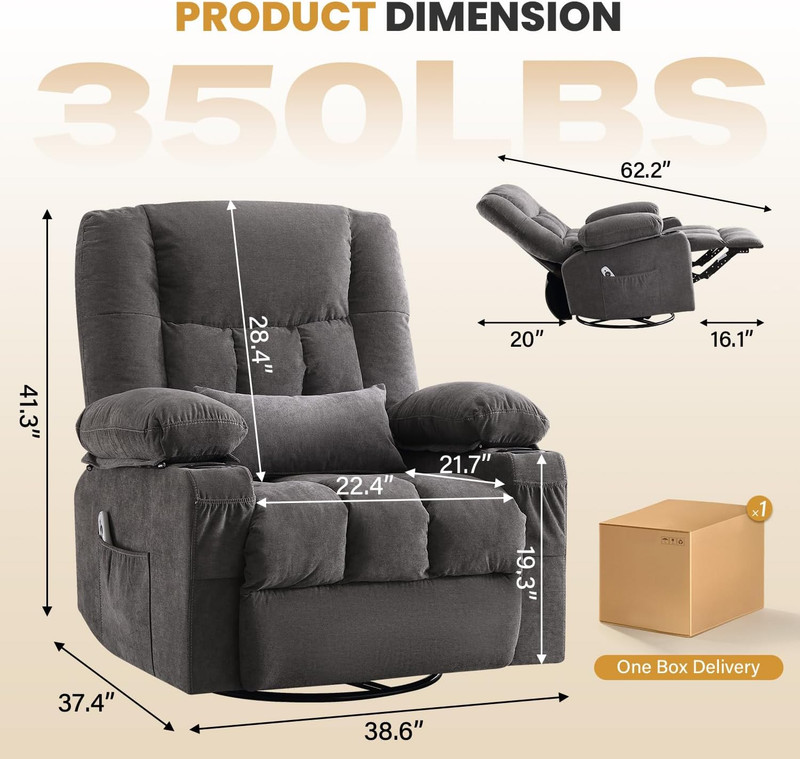 Swivel Rocker Recliner Chair with Vibration Massage and Heating Functions for Ad gallery