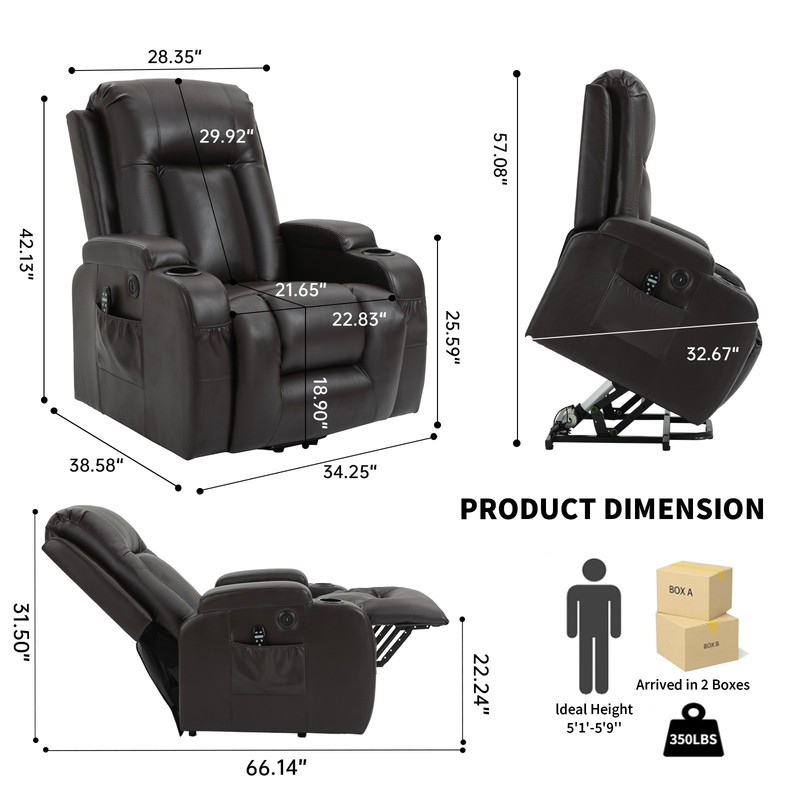 Power Lift Recliner Chair with Massage & Heat, 350 lbs Capacity, Brown gallery
