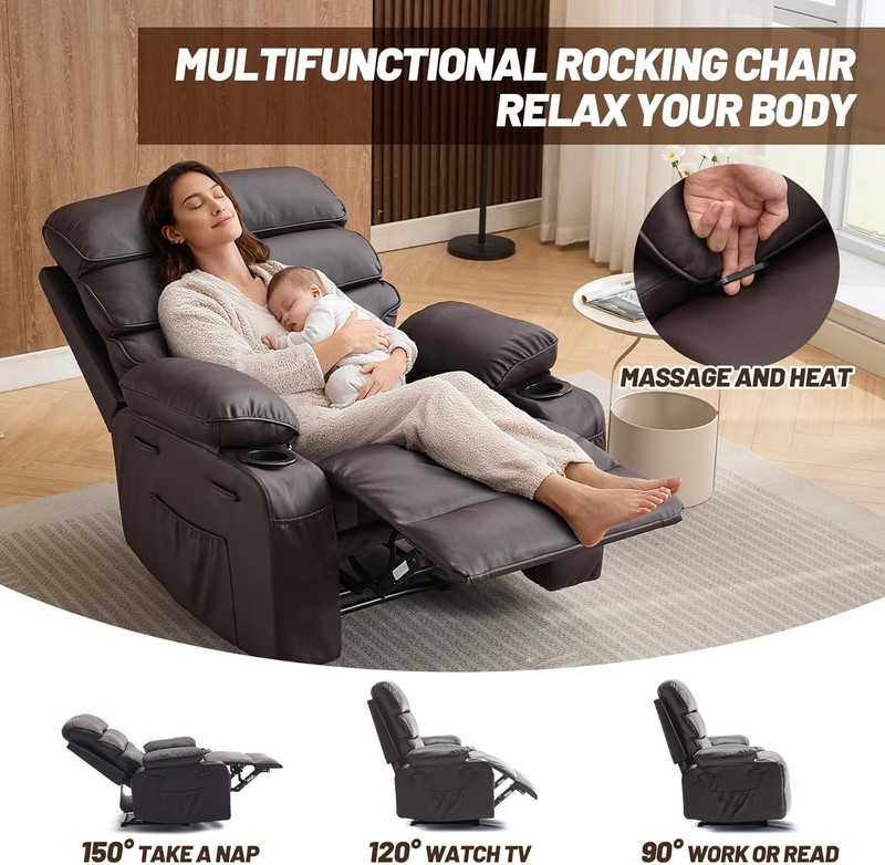 PU Leather Manual Recliner Chair w Massage&Heating, Extra Wide Design for Adults gallery