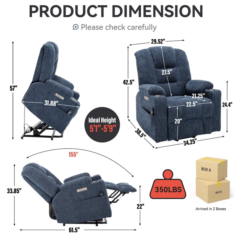 Power Lift Recliner Chair with Massage, Heat, USB Ports, Blue gallery