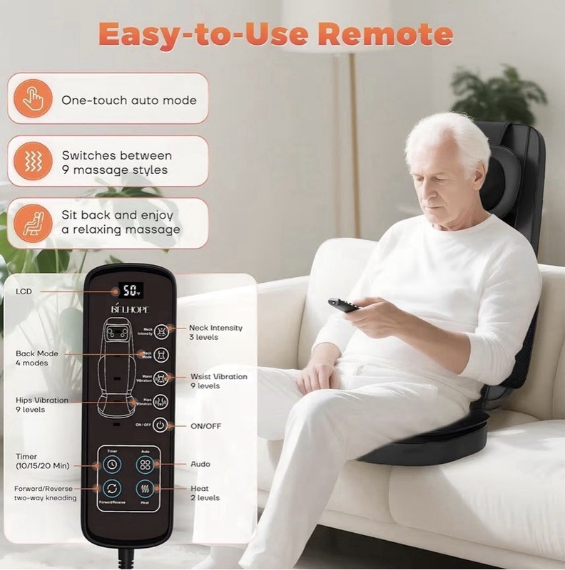 Belhope SJD-01 Massage Chair Cushion Black Heated Shiatsu Vibration LCD Remote gallery