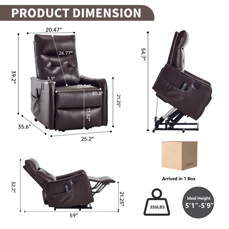 Brown Power Lift Recliner Chair with Massage, Heat & USB, 155° Max Recline gallery