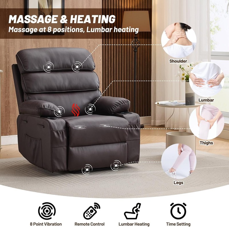 PU Leather Manual Recliner Chair w Massage&Heating, Extra Wide Design for Adults gallery
