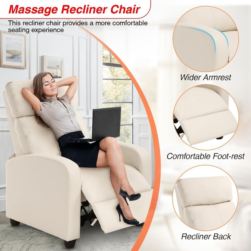 Beige Leather Massage Recliner Chair with Lumbar Support for Ultimate Relaxation gallery