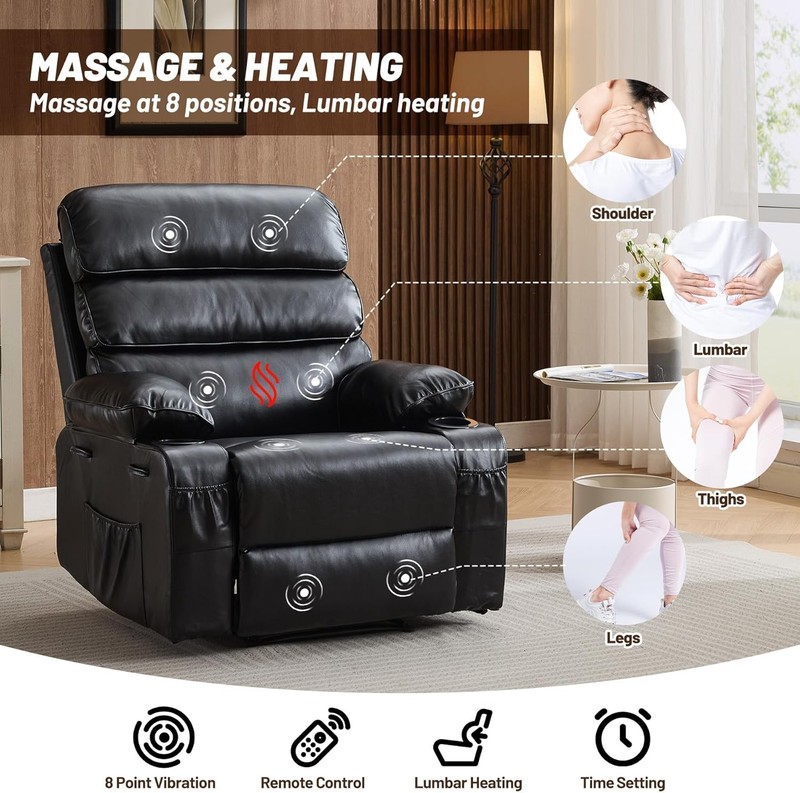 Extra Wide Manual Recliner with Massage & Heat, PU Leather Black for Living Room gallery
