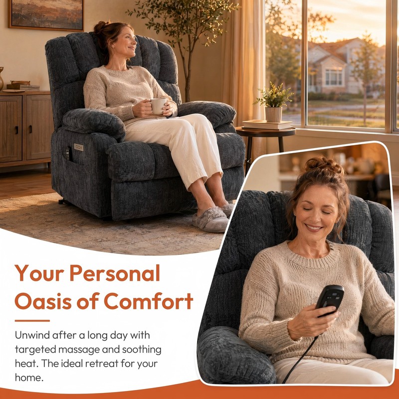 Large Power Lift Recliner Chair High Back Chenille 8-Point Massage Heat 23" Wide gallery