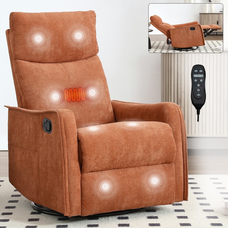 Manual Recliner Chair with Massage, Heat, Rocker & Swivel, Orange
