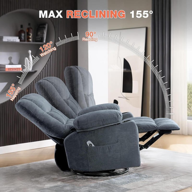Massage Swivel Recliner Chair Oversized Rocker Recliner Single Sofa Side Pocket gallery