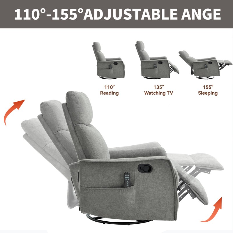 Manual Recliner Chair with Massage, Heat, Swivel & Rocker, Light Grey gallery